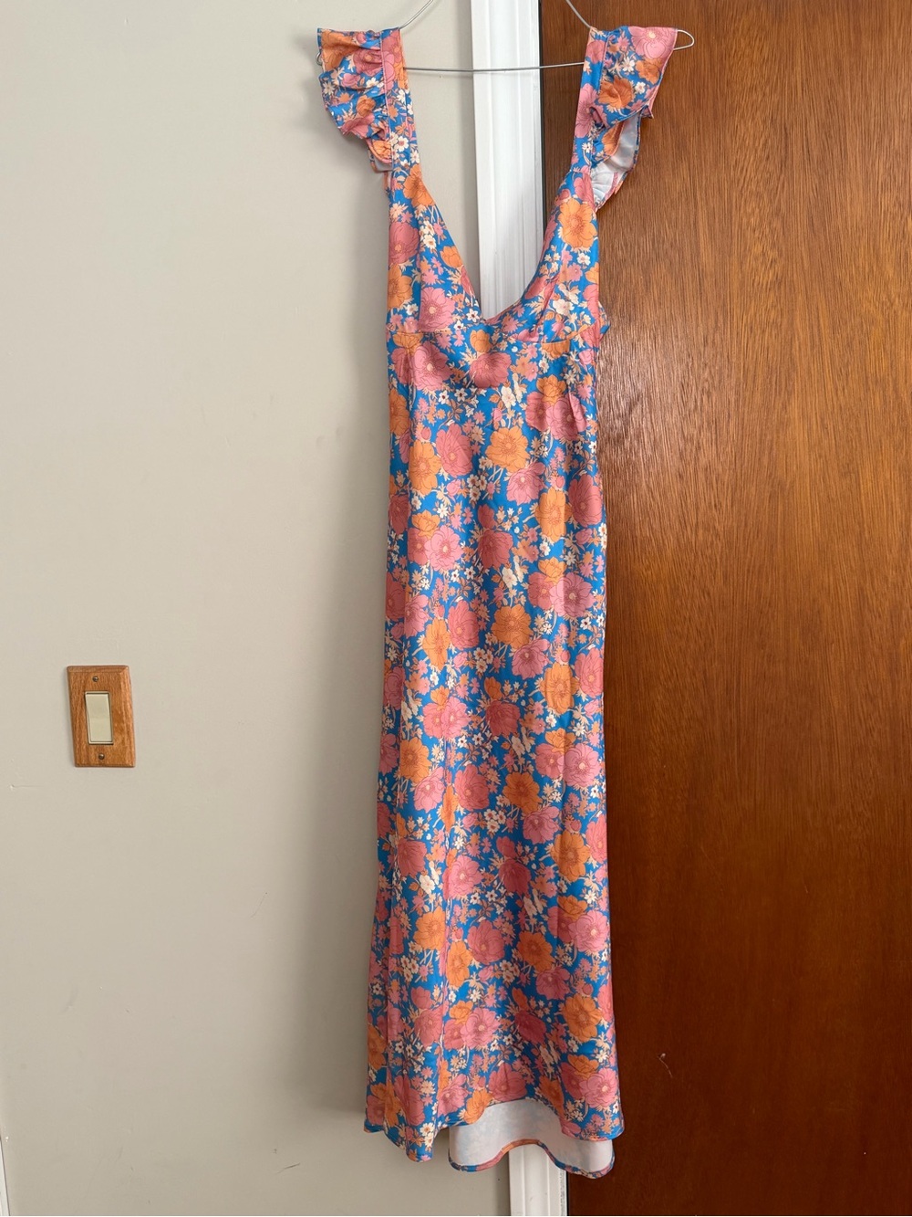 Hello Molly Blue Floral Maxi Dress with Pink and Orange Blooms